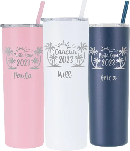 Regalo personalizado para vacaciones en la playa, grabado con láser, aislado al vacío, vaso de 20 onzas con tapa y pajita, vaso de palmera, taza