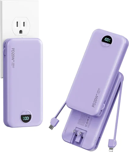 Cargador ultraportátil de 10000 mAh con cables integrados y enchufe de pared de CA, cargador de teléfono celular de carga rápida PD20W USB-C, Púrpura