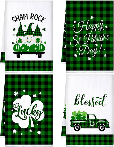 Miniatura 8 de Honoson 4 paños de cocina para el día de San Patricio, decoración de granja, tréboles de la suerte, gnomos, paños de cocina a cuadros, absorbentes