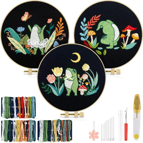 Miniatura 12 de TINDTOP Kit de bordado para adulto, paquete de 3 piezas de bordado para bricolaje, con patrones estampados, aro, herramientas, hilos coloridos