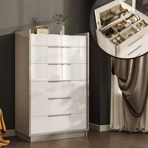 AMERLIFE Cómoda de 5 cajones con superficie de cristal, organizador tipo cómoda de almacenamiento con espejo interior y tapa elevable para