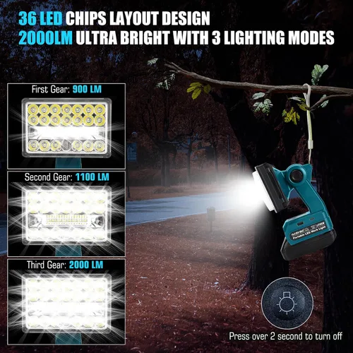 Miniatura 3 de Linterna de 18 W compatible con batería Makita de 18 V, reflector de 2000 lm de 18 V con puerto USB, puerto tipo C, cabezal giratorio de 110 grados