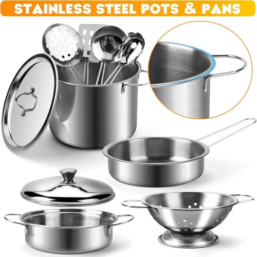 Miniatura 5 de Tigerhu 26 accesorios de cocina de juguete, juguetes de cocina con utensilios de cocina de acero inoxidable, delantal y sombrero de chef, juego