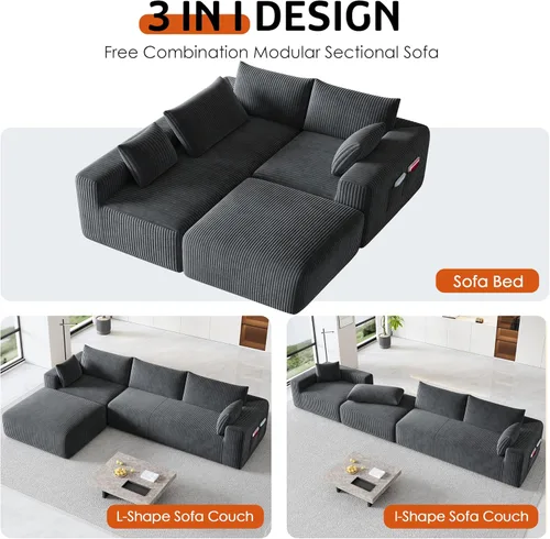 Miniatura 4 de 108" Cloud Couch Modular Sectional Sofa for Living Room, L Shaped Boneless Couch with Deep Seat Chaise, No Assembly Required Foam Sleeper Sofa for