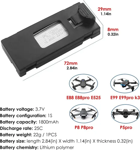 Miniatura 2 de Baterías Li-po de 3.7V 1800mAh (3PCS) para E88 E88PRO E88MAX E525 E99 E99PRO P1 P5PRO K3 S1 P8 RC Drone