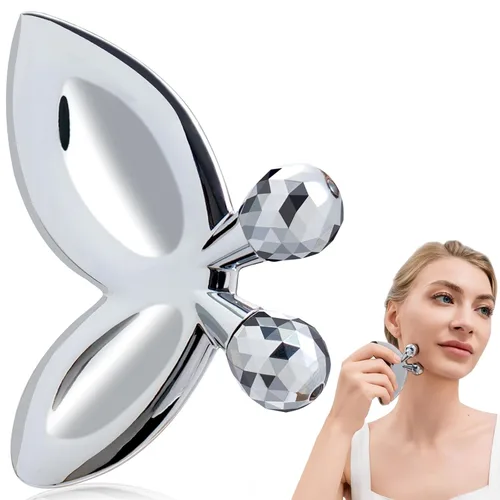 Herramientas faciales Gua Sha de acero inoxidable, rodillo facial de mariposa 3D para mujeres, herramienta de guasha 2 en 1 para apretar la piel de