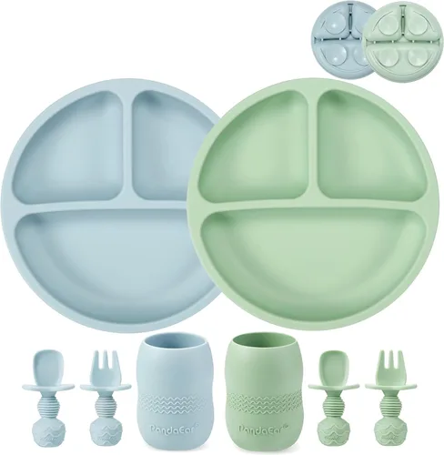 PandaEar Juego de Alimentación de Silicona para Bebés | Paquete de 2 Platos de Succión Divididos de Silicona y Paquete de 2 Tazas Pequeñas con 2