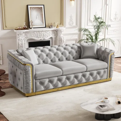 Miniatura 8 de Juego de 2 sofás Chesterfield de lujo, sofá victoriano copetudo negro y dorado, moderno de mediados de siglo, juego de sofás de 3 plazas para sala