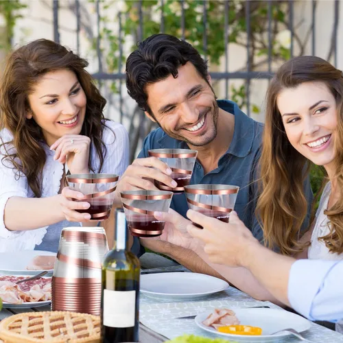 Miniatura 6 de Gejoy Tazas de plástico con borde en espiral de 9 onzas desechables, tazas de vino de plástico elegantes y transparentes, elegantes jarras de Oro