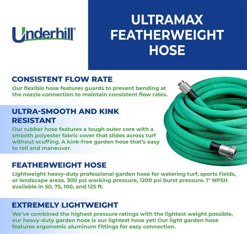 Miniatura 3 de Underhill UltraMax - Manguera de agua ligera para jardín de 50 pies, antitorceduras, 300 psi WP, 1200 psi BP, H10-050FW, 1 pulgada x 50 pies NPSH
