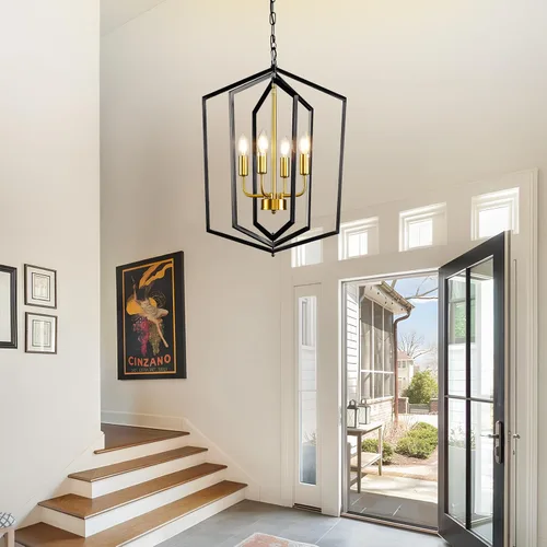 Miniatura 2 de WJShome 46 cm de diámetro Candelabro negro y dorado, lámpara de comedor estilo granja de 4 luces, lámparas modernas de vestíbulo, lámpara colgante