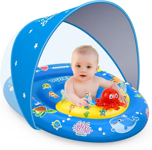 EZIGO Baby Pool Float with Canopy UPF50+ Sun Protection, Inflatable Kids Pool Floats with Ocean Animal Toys for Baby 6-36 Months, Infant Swimming