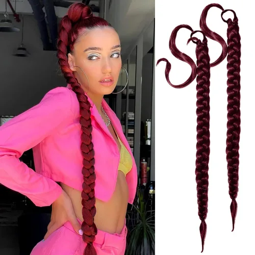 Miniatura 22 de 2 paquetes de 16 pulgadas de extensión de cola de caballo trenzada larga negra para mujeres negras con banda elástica, trenzado recto, extensiones