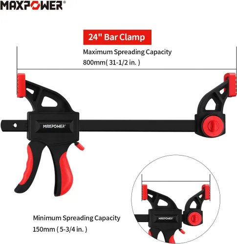 Miniatura 2 de MAXPOWER Abrazadera de barra de 24 pulgadas y esparcidor de 31 pulgadas para carpintería, juego de abrazaderas de madera de liberación rápida