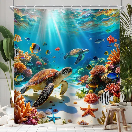 Miniatura 10 de Riyidecor Cortina de ducha con diseño de tortuga marina, playa, océano, náutico, versículo bíblico náutico, pez azul cristiano, conchas marinas