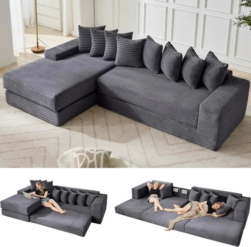 Miniatura 13 de Sofá modular moderno de 111 pulgadas, sofá de pana en forma de L con diván izquierdo, salón extra ancho, 8 almohadas, juego de sofá esquinero