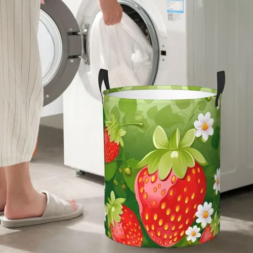 Miniatura 7 de Strawberry and flower print Circular Hamper Waterproof Storage Bin Organizer Basket Laundry Hamper With Handles For Clothes Toys Medium