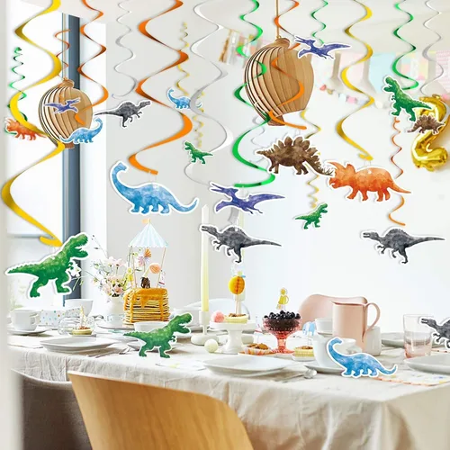 Miniatura 7 de Remolino Colgante de Dinosaurio Acuarela - 24 Piezas Decoraciones de Fiesta de Dinosaurios para Niños Varones Suministros de Fiesta de Cumpleaños