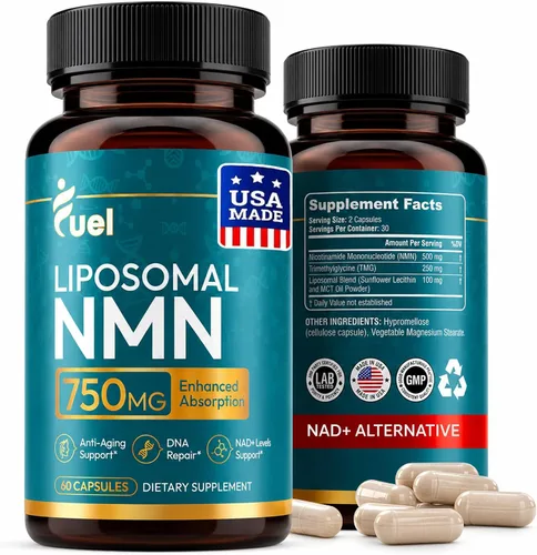 Fuel NMN liposomal de 750 mg por porción (500 mg NMN + 250 mg de TMG) – Suplemento de mononucleótido de nicotinamida de absorción mejorada – Soporte