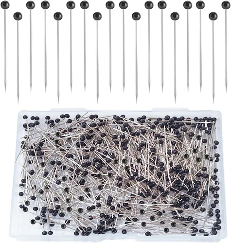 Sunenlyst Alfileres de costura, 500 alfileres rectos con cabeza de vidrio con 1.5 pulgadas, alfileres de acolchado para tela, alfiler negro para
