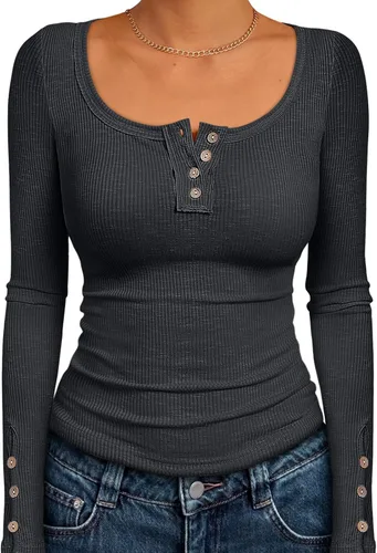 Kissfix Camisas de manga larga para mujeres otoño invierno tops Henley casuales de negocios blusas acanaladas atuendos modernos para citas nocturnas
