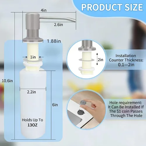 Miniatura 2 de Dispensador de jabón para platos para fregadero de cocina de níquel cepillado, dispensador de jabón para debajo del fregadero con cabezal de bomba