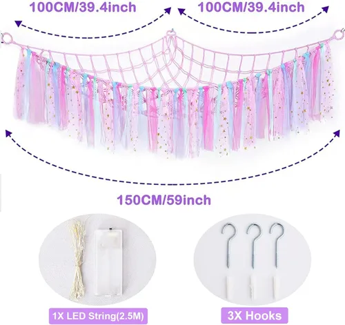 Miniatura 2 de Hamaca de almacenamiento de red de animales de peluche con luces LED, borlas coloridas, hamaca colgante de juguetes de peluche, organizador para Rosa