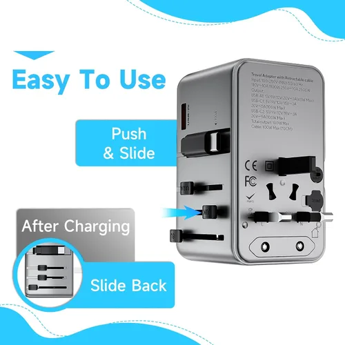 Miniatura 4 de Minthouz Adaptador de viaje universal, adaptador de corriente internacional de 100 W, cargador rápido GaN con 2 USB-C PD, 1 cable USB-C y puertos A