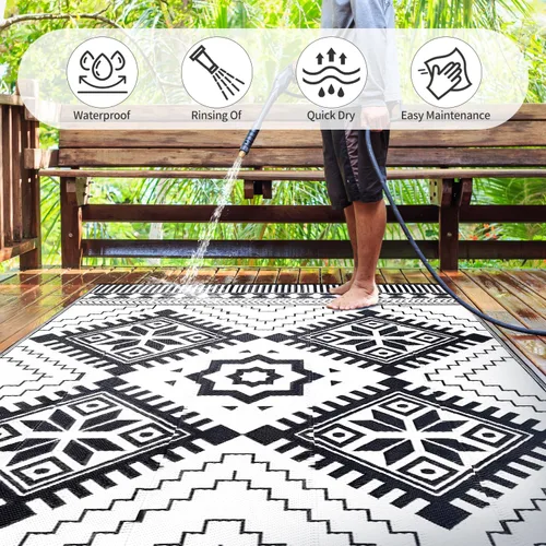 Miniatura 3 de Alfombra Impermeable para Exteriores 9x12 pies, Tapete de Paja de Plástico Reversible Boho para Patio RV Terraza Porche Patio Trasero Balcón Camping