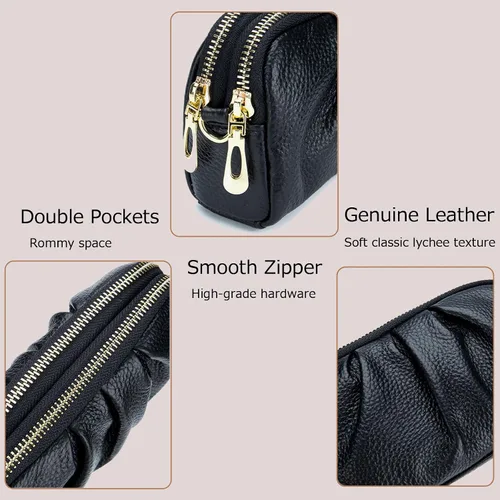 Miniatura 4 de Billeteras de pulsera para mujer, de piel auténtica, monederos fruncidos para mujer, cartera de mano