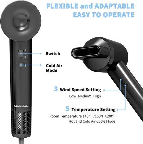 Miniatura 4 de Secador de pelo para mujer: motor de 110,000 RPM para secado ultrarrápido, 3 temperaturas y 2 ajustes de velocidad, diseño ligero con boquilla