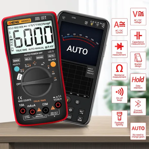 Miniatura 2 de ANENG - Multímetro digital con Bluetooth, probador auto-rango TRMS 6000 conteos, ohmímetro para voltaje AC/DC, corriente, resistencia, continuidad