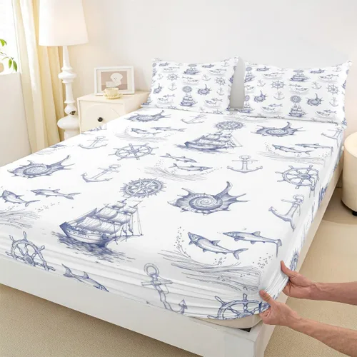 Miniatura 8 de Juego de sábanas de mapa náutico, tamaño individual, juego de ropa de cama de brújula de barco pirata, 3 piezas, para niños, adolescentes, adultos