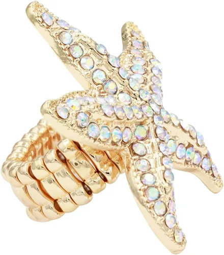 Miniatura 4 de Lavencious Anillo elástico con diseño de estrella de mar para mujer, talla 7-9, Diamantes de, Diamantes de imitación