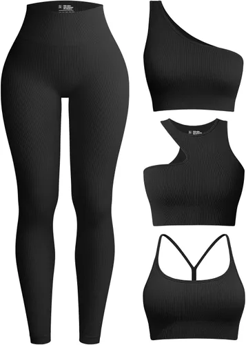 OQQ Conjunto de entrenamiento de 4 piezas para mujer, leggings de cintura alta acanalados para yoga con camiseta corta de 3 piezas con brasier