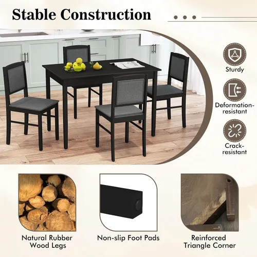 Miniatura 9 de Tangkula - Juego de mesa de comedor para 4, juego de comedor de madera maciza estilo granja con patas de madera de goma, asiento tapizado y respaldo