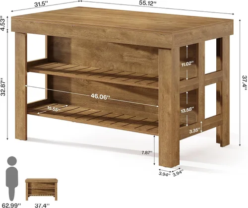 Miniatura 2 de Tribesigns Isla de cocina con estantes de asiento y almacenamiento, mostrador de desayuno de 55.1 pulgadas, mesa de isla de granja para cocina