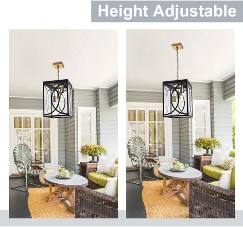Miniatura 5 de Lámparas colgantes para exteriores, moderna linterna colgante exterior de 3 luces, panel de cristal transparente, candelabro grande negro