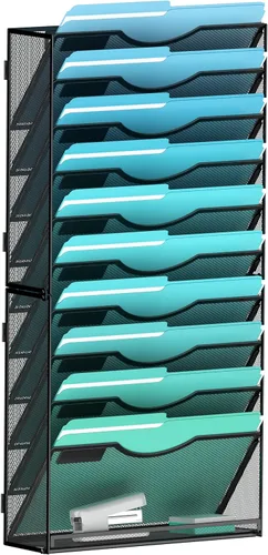Miniatura 18 de Gawerk Organizador de archivos colgante de 6 niveles, soporte de malla para archivos de pared, estante para carpetas de papel con bandeja plana Negro