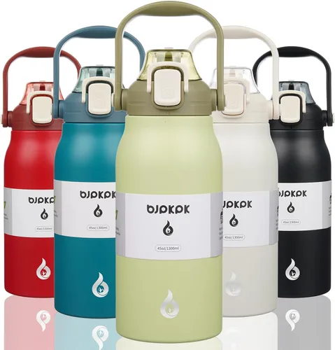Miniatura 9 de BJPKPK - Botellas de agua aisladas con pajita, botellas de agua bonitas de 27 oz con asa, jarra de metal de acero inoxidable sin BPA, frascos 27 oz