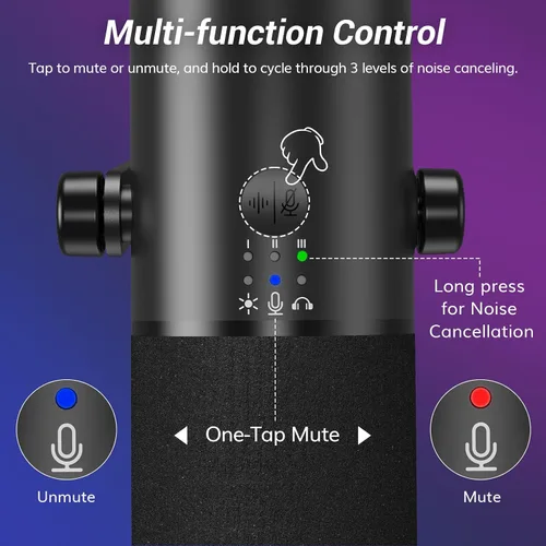 Miniatura 6 de TONOR Micrófono dinámico para juegos, transmisión de micrófono XLR/USB, cancelación de ruido AI, RGB controlable, Tap Mute, conector