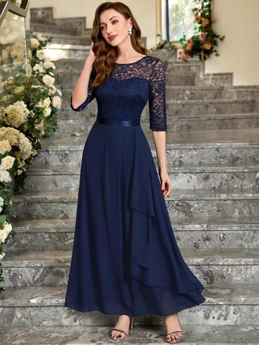 Miniatura 4 de Miusol Vestido largo de dama de honor con mangas 34 de contraste y encaje floral elegante para mujer
