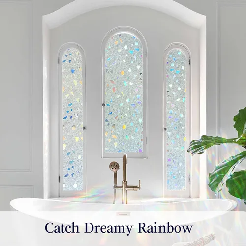 Miniatura 7 de Coavas Película de privacidad para ventana de vidrieras 3D arco iris, control de calor, bloqueo UV, no adhesivo, película de vinilo extraíble, tinte