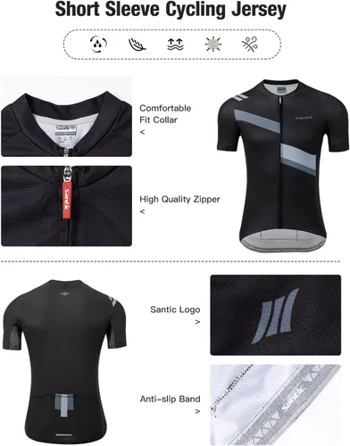Miniatura 4 de Santic Camiseta de ciclismo para hombre, manga corta, camiseta de ciclismo de carretera, con cremallera completa, UPF 50+, MTB con bolsillos