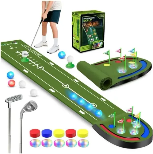 TERRAMUS Alfombrilla de Golf Mejorada para Niños, Verde con Agujeros de Luz LED, Pelotas Brillantes, 2 Palos, Juego de Golf de Juguete, Alfombrillas