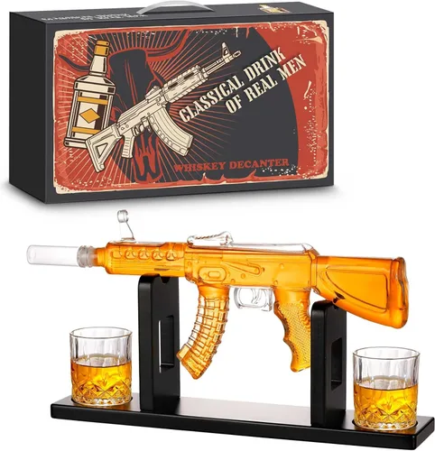 Juego de decantador de whisky AK47 con 2 vasos de whisky, regalos para hombres, día del padre, regalo único de aniversario de cumpleaños para él