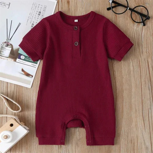 Miniatura 98 de Mameluco unisex de manga corta para bebé recién nacido, con botones, de una pieza, ropa de color sólido
