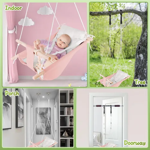 Miniatura 5 de Columpio para bebé en interiores y exteriores, hamaca de lona para bebé a niño pequeño con un asiento cómodo, juguete de madera de macarrón, arnés