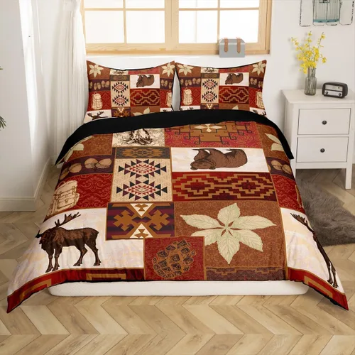 Miniatura 28 de Funda de edredón rústica tamaño Queen, juego de ropa de cama retro para cabaña de cabaña, oso de caza, ciervo, hojas de arce, funda de edredón