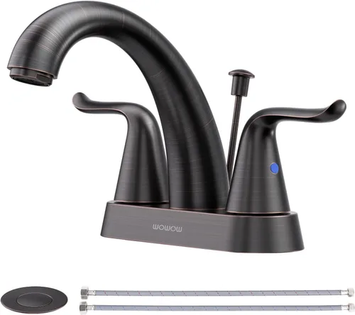 WOWOW Grifo de Baño de 4 Pulgadas Centerset Bronce Frotado con Aceite Grifo de Lavabo de Baño Varilla de Elevación Ensamblaje de Drenaje Grifos de